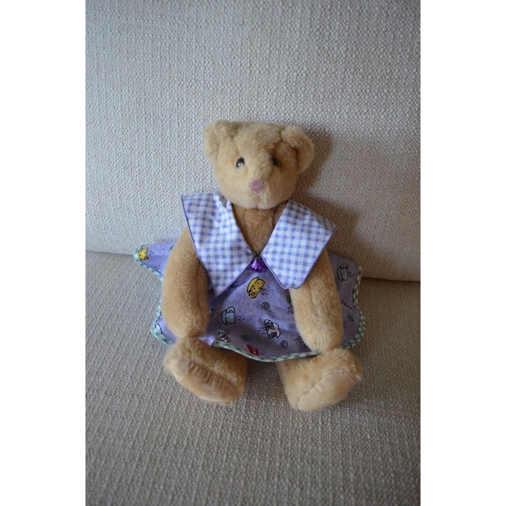 Vermont Teddy Bear Beige Lavender Gingham Coffee Dress‎ 12” Fully Joined